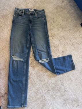 PAIGE Women's Distressed Straight-Leg Jeans in Medium Blue